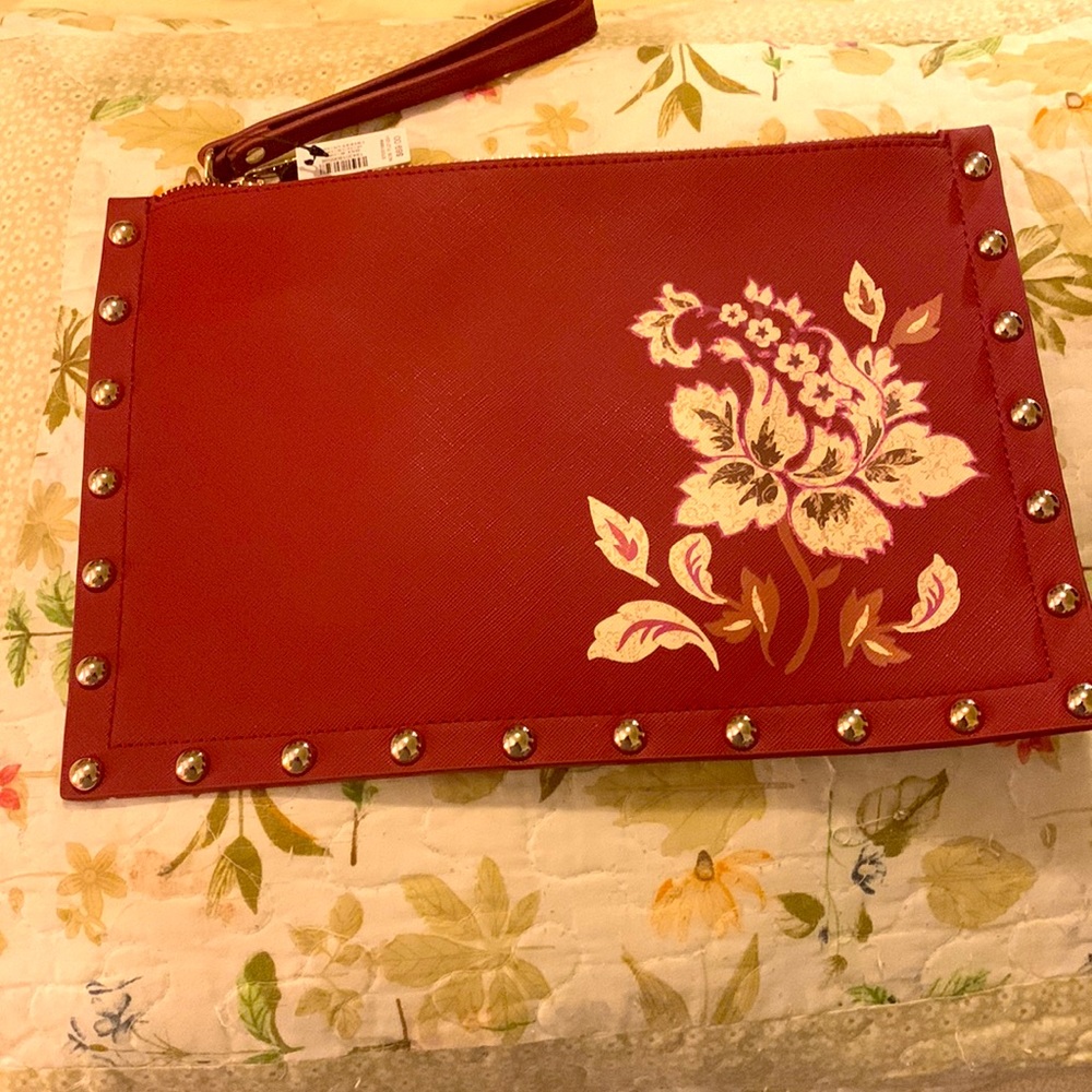 White House Burgundy Clutch, Brand New w/Crème Colored Flower Appliqué.